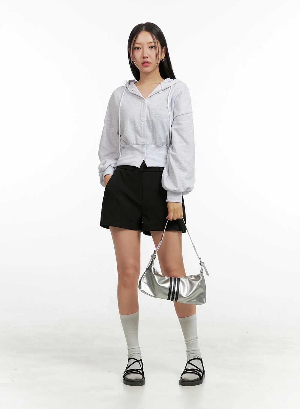 Buttoned Crop Sweat Hoodie OU411 - Image 2