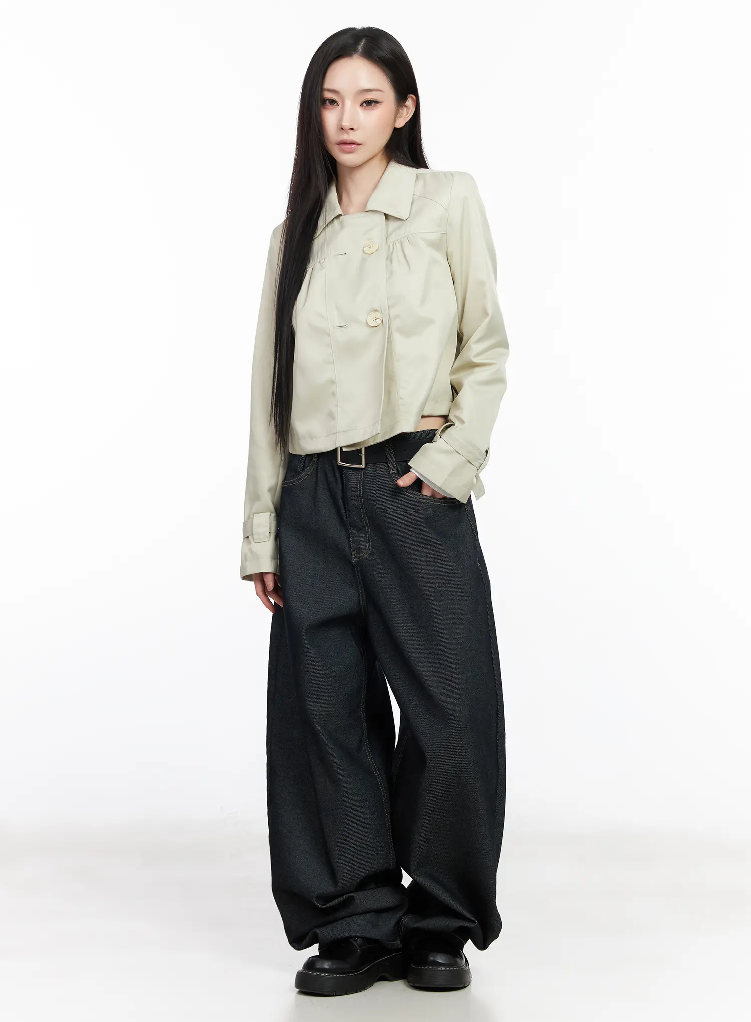 Buttoned Cropped Trench Jacket CM519 - Image 3