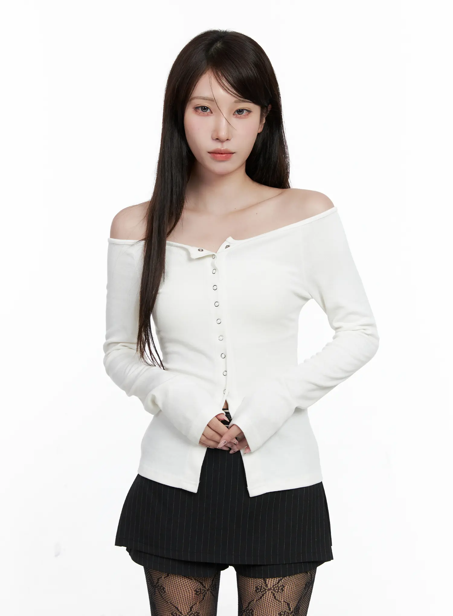 Buttoned Off-Shoulder Long Sleeve Cardigan CO520 - Image 11