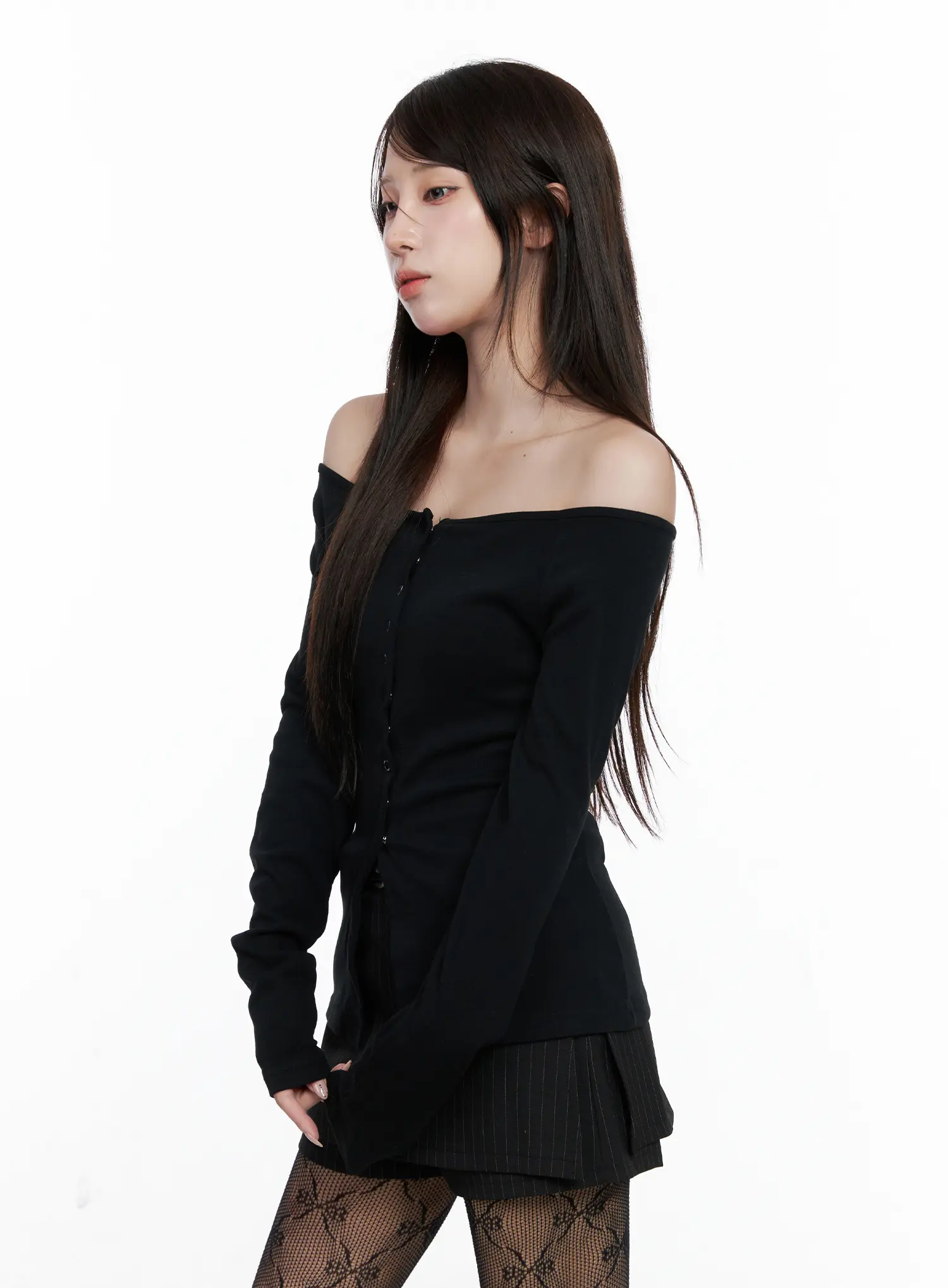 Buttoned Off-Shoulder Long Sleeve Cardigan CO520 - Image 2