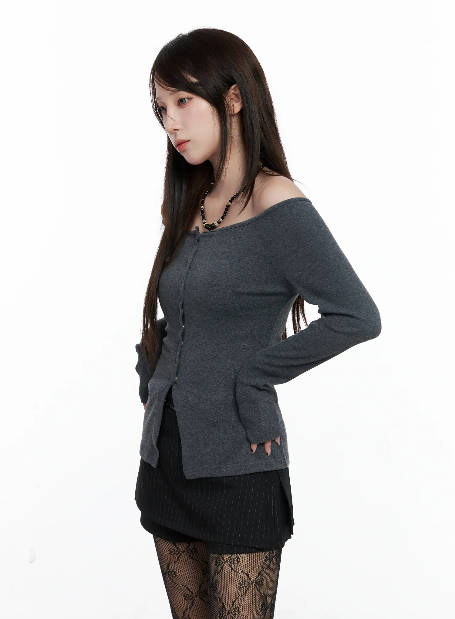 Buttoned Off-Shoulder Long Sleeve Cardigan CO520 - Image 6