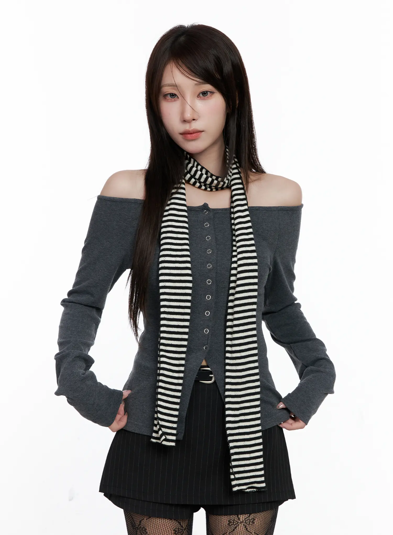 Buttoned Off-Shoulder Long Sleeve Cardigan CO520 - Image 9