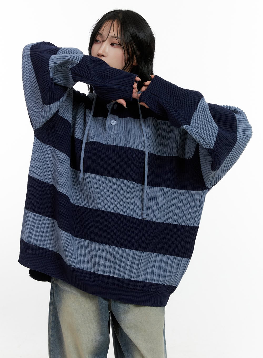 Buttoned Stripe Hoodie Sweater CN408 - Image 4