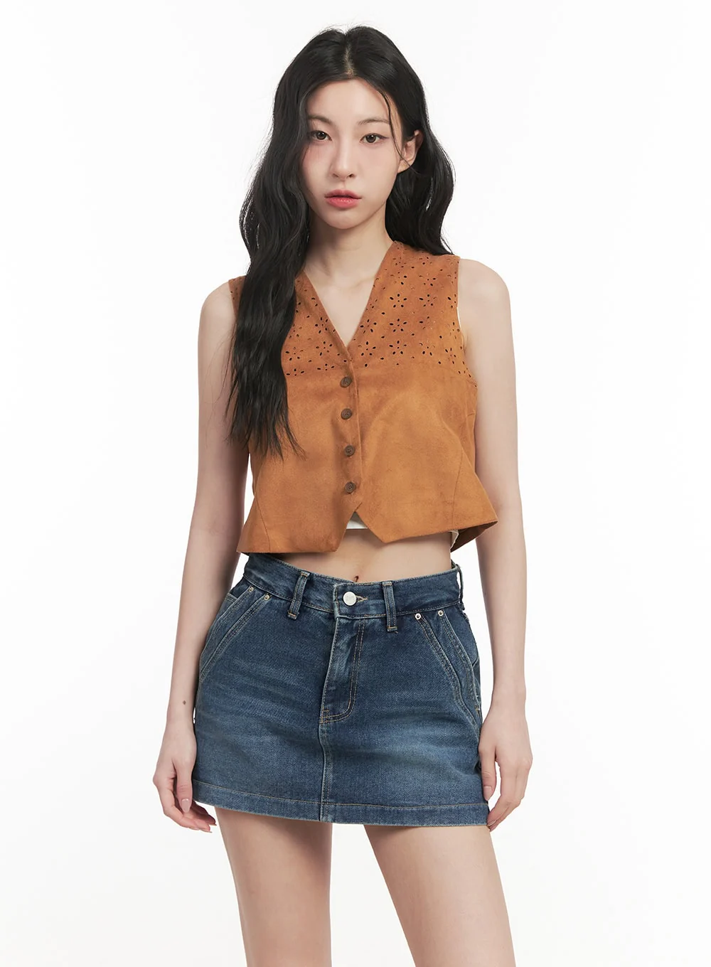 Buttoned Suede V-Neck Vest Top CF513 - Image 4