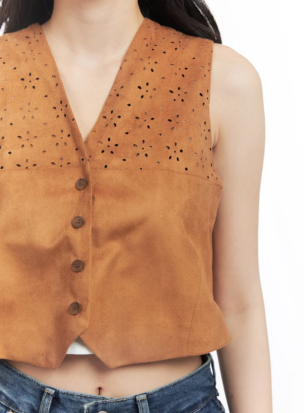 Buttoned Suede V-Neck Vest Top CF513 - Image 5