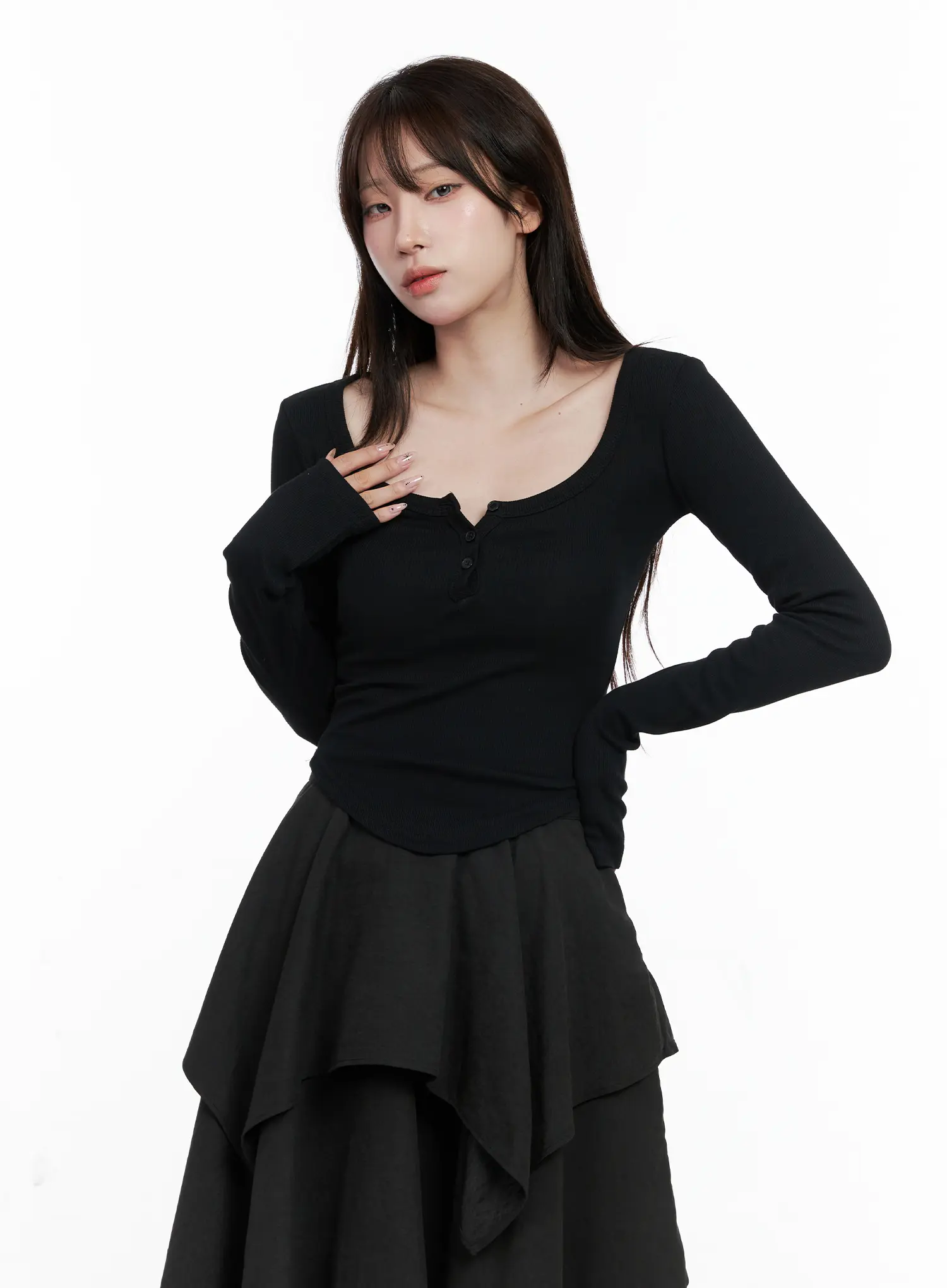 Buttoned U-neck Crop Long Sleeve Top CO521 - Image 10