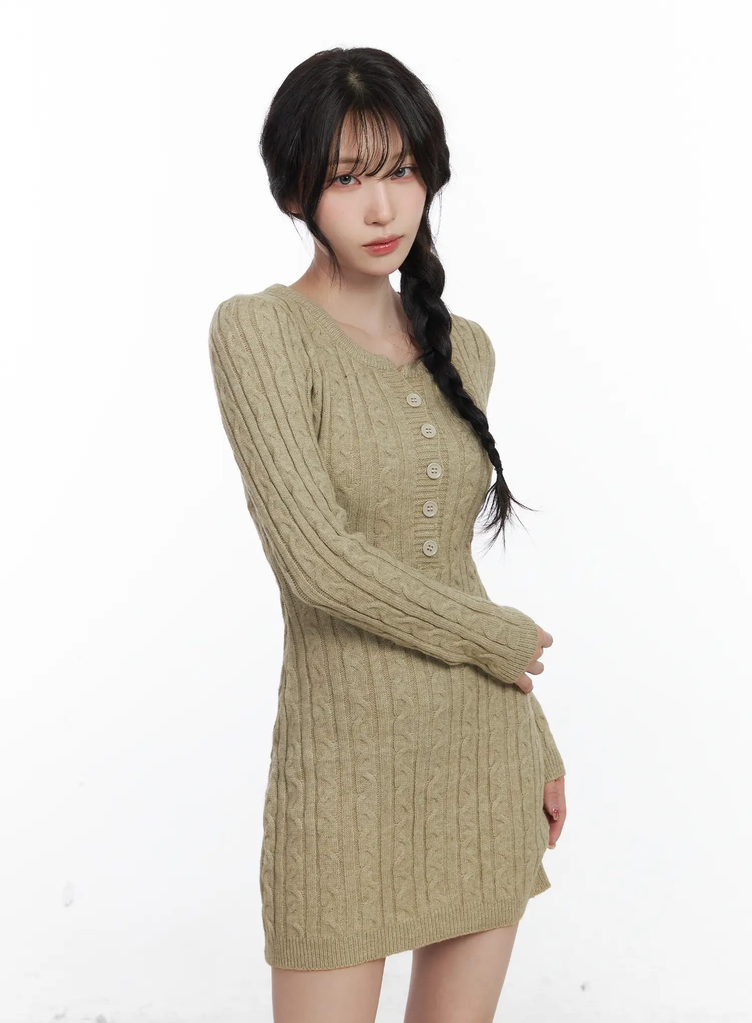 Cable Knit Button Sweater Mini Dress CJ526 - Image 2