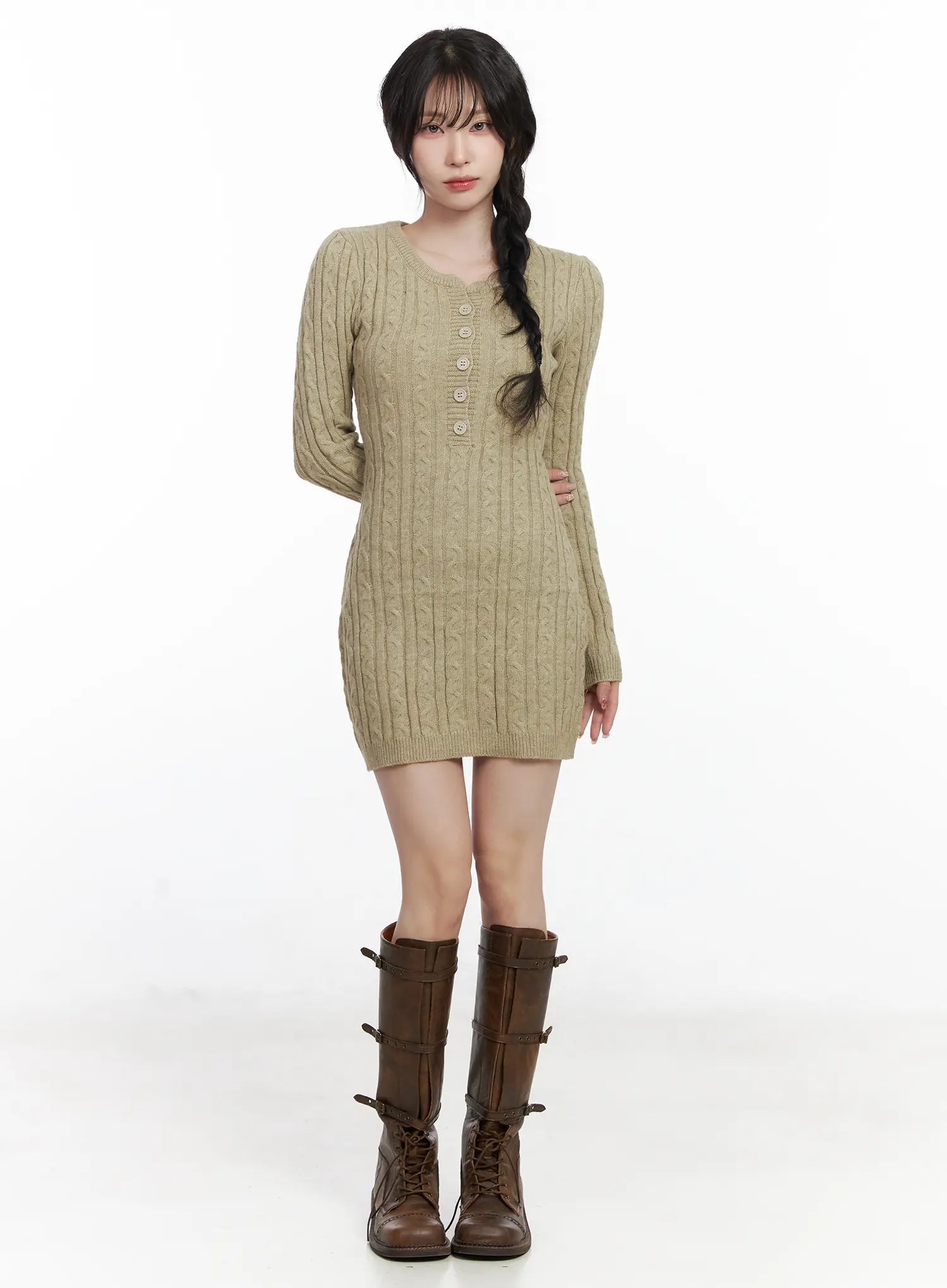 Cable Knit Button Sweater Mini Dress CJ526 - Image 3