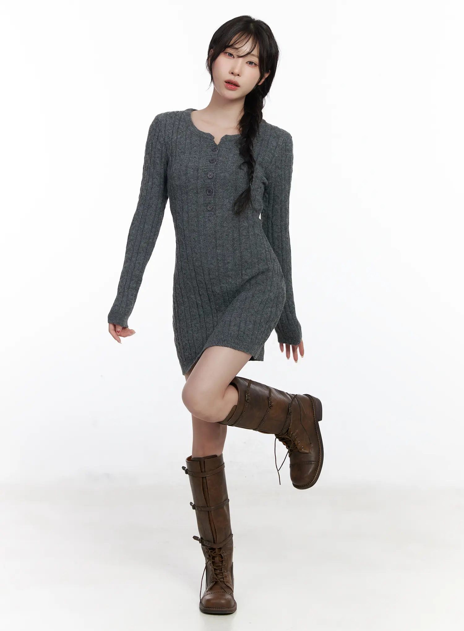 Cable Knit Button Sweater Mini Dress CJ526 - Image 9