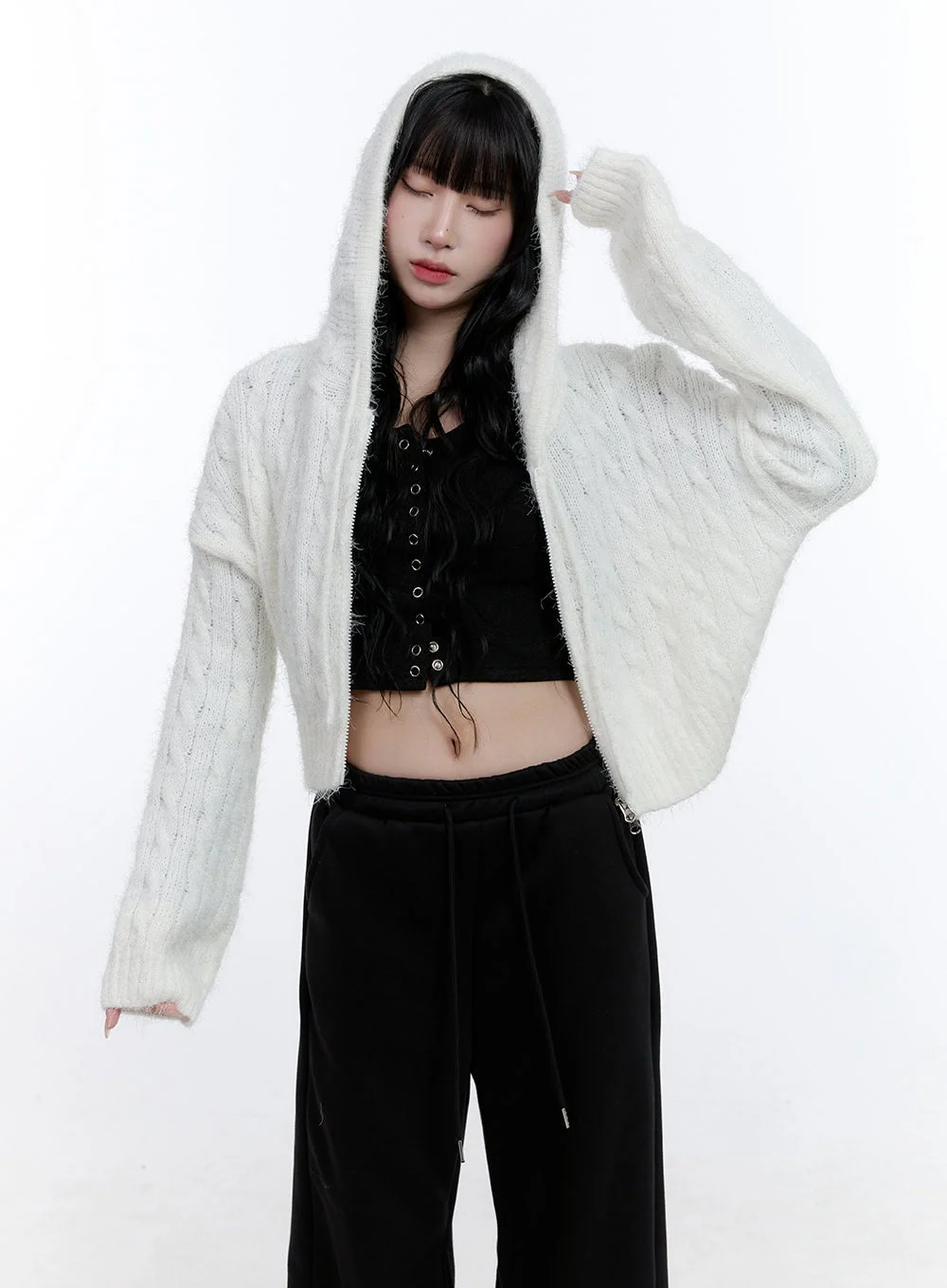Cable Knit Cropped Hooded Cardigan CD419 - Image 8