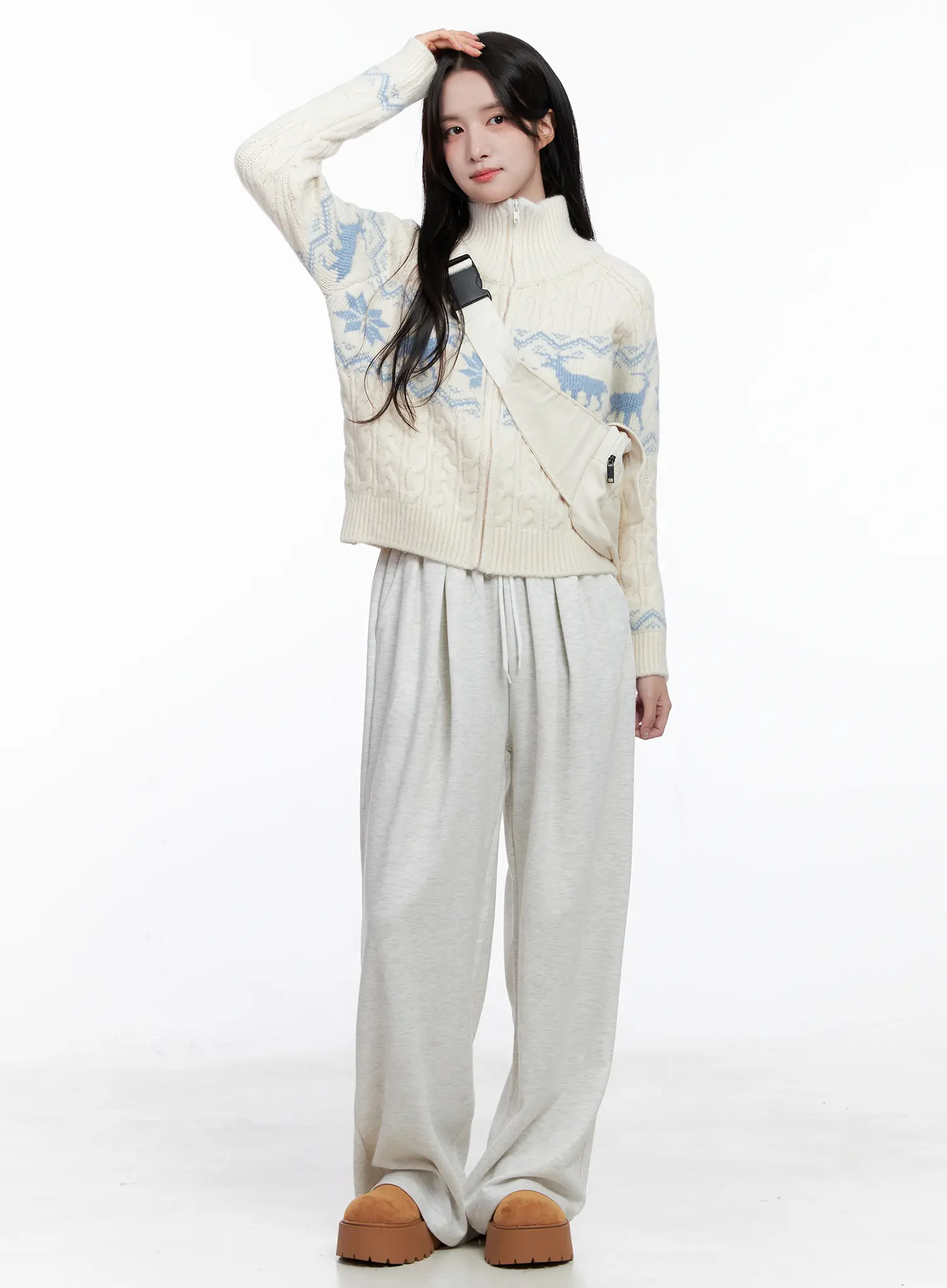Cable Knit Funnel Neck Zip-Up Sweater CS523 - Image 2