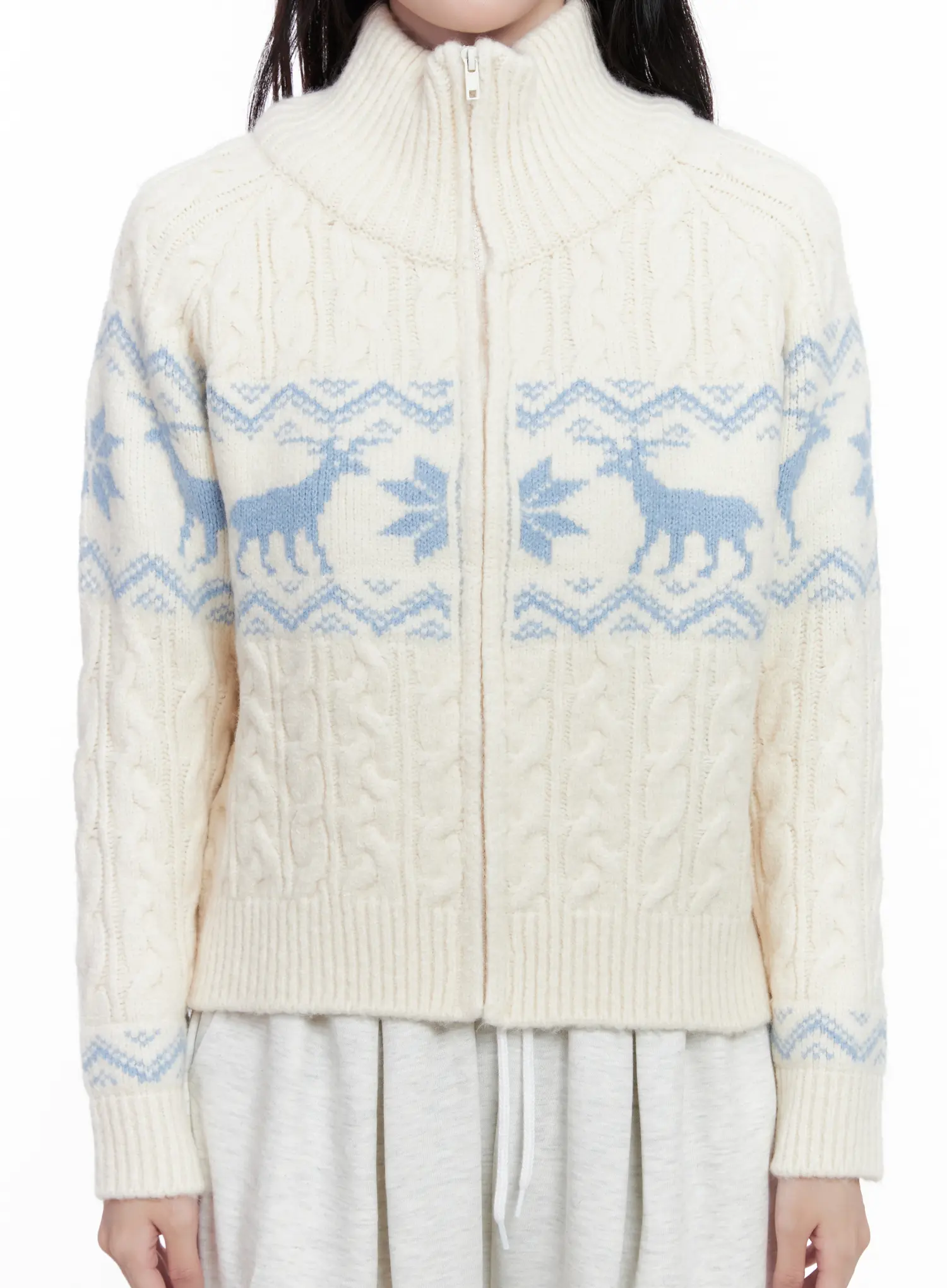Cable Knit Funnel Neck Zip-Up Sweater CS523 - Image 3