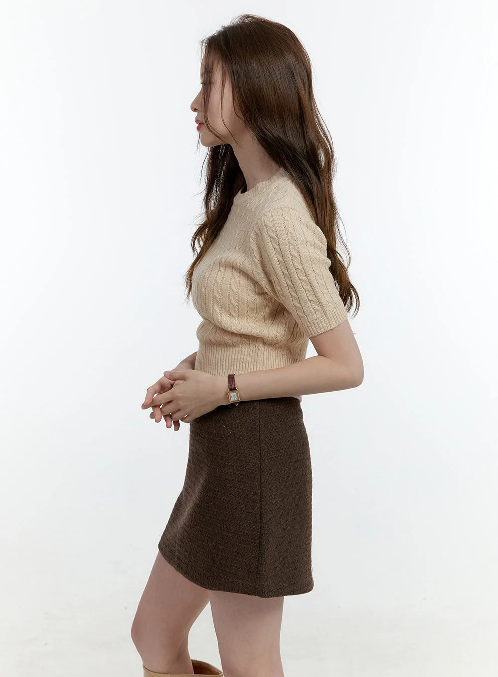 Cable-Knit Short-Sleeve Crop Sweater CF504 - Image 3