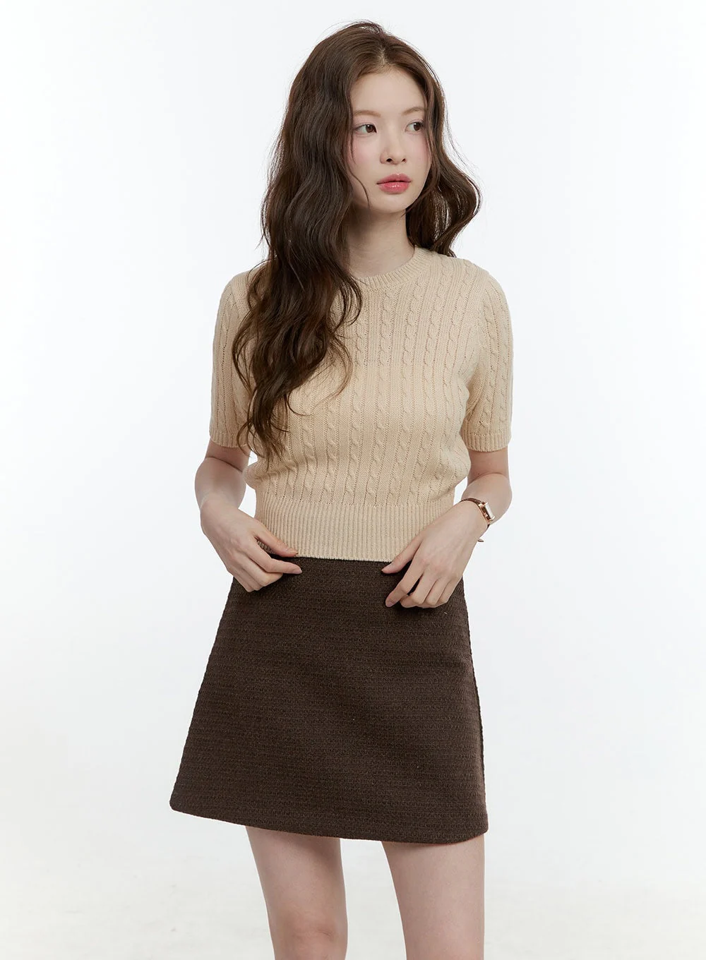 Cable-Knit Short-Sleeve Crop Sweater CF504 - Image 9