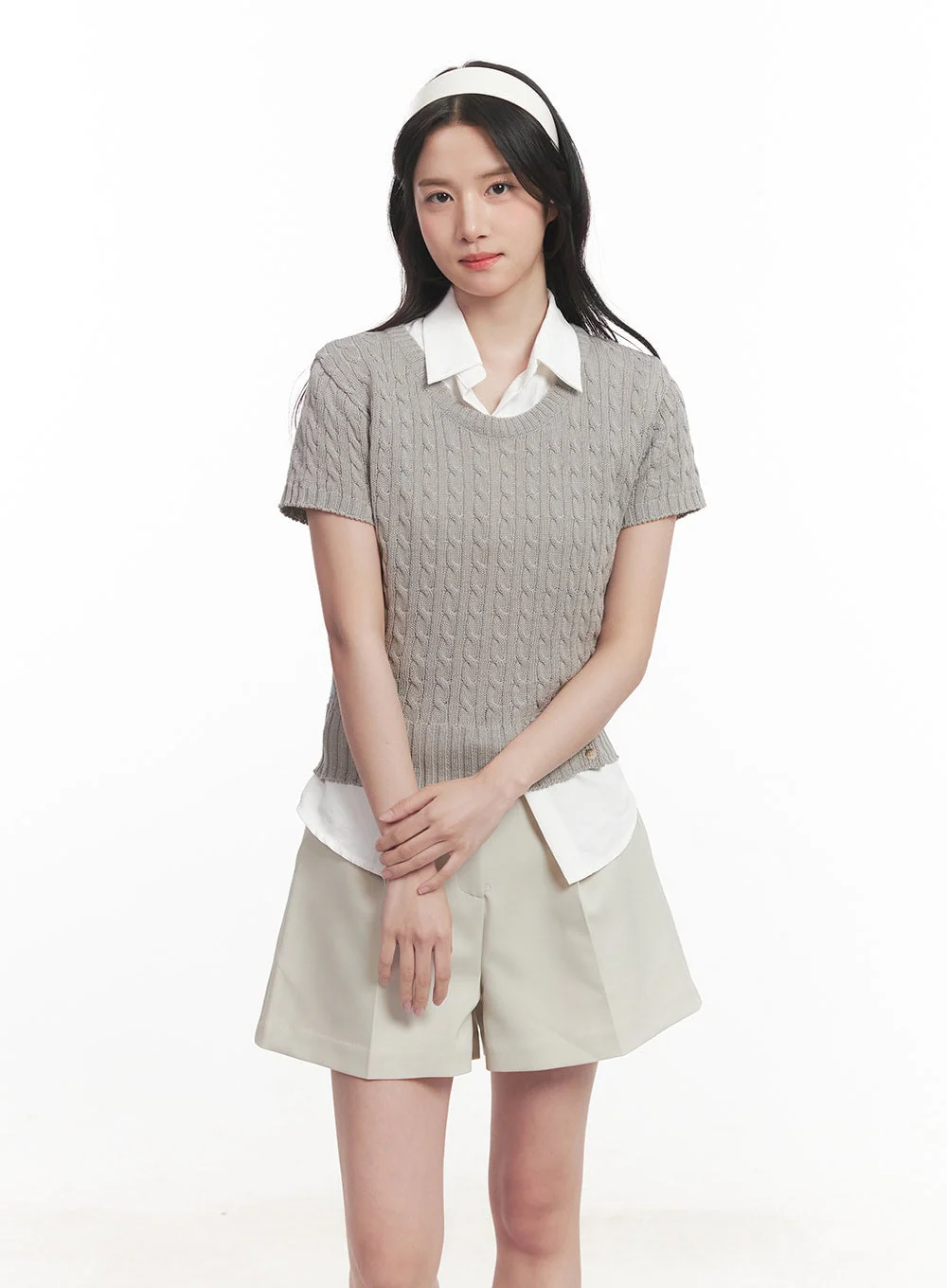 Cable Knit Short Sleeve Sweater CA510 - Image 11