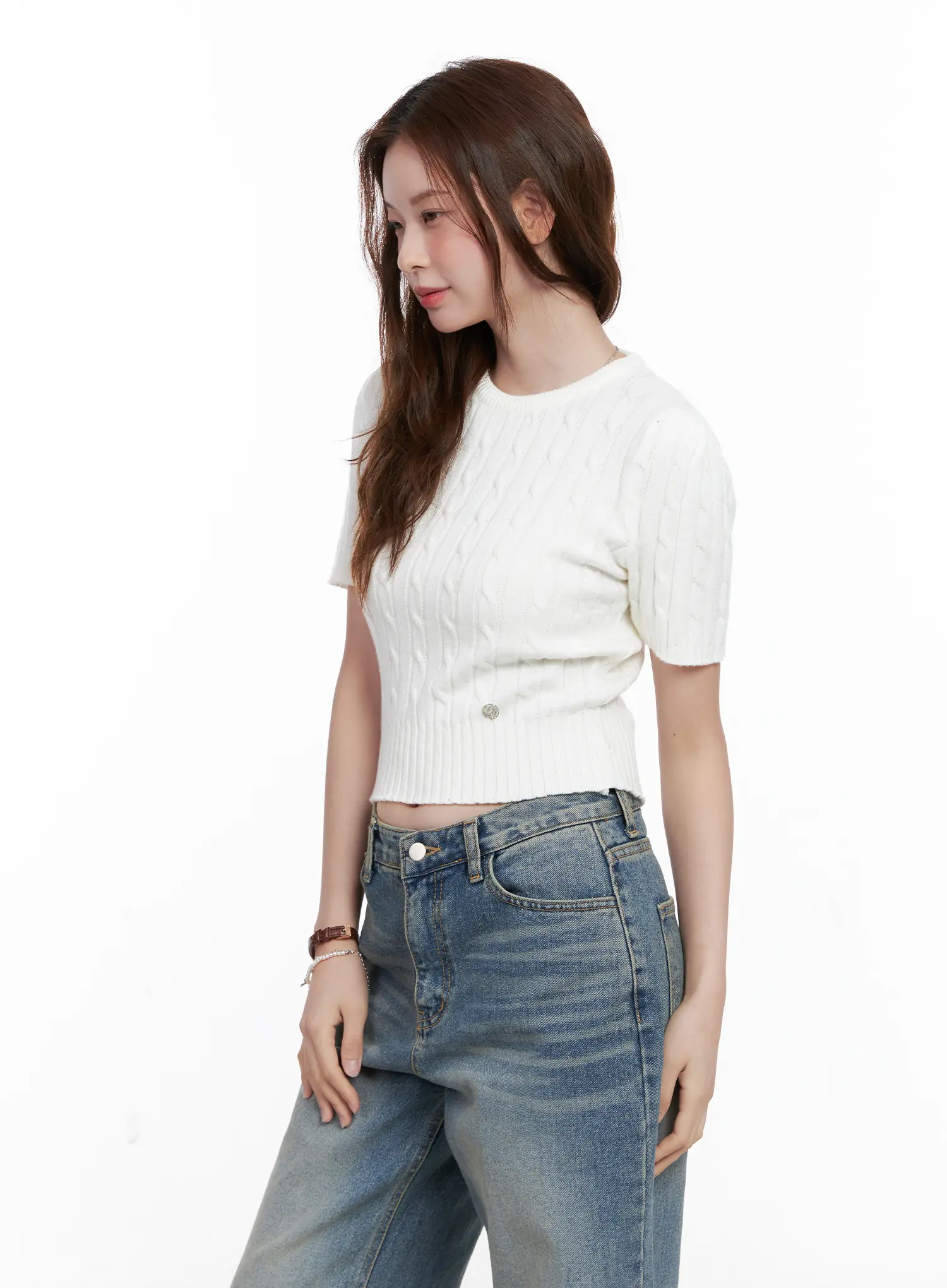 Cable Knit Short Sleeve Sweater CG521 - Image 5
