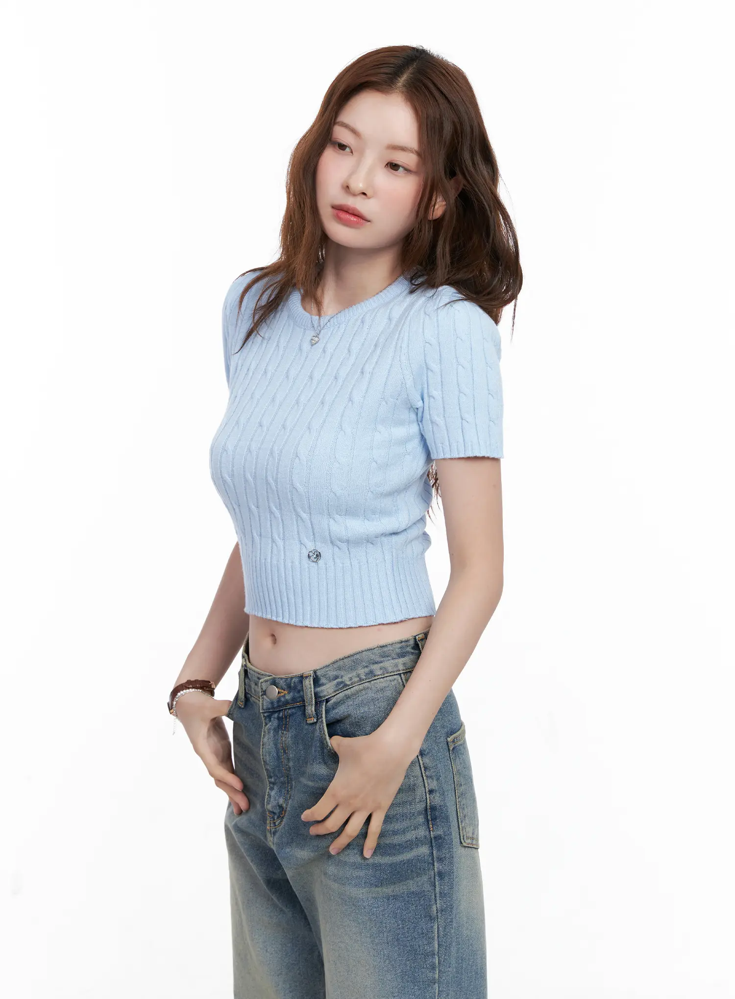 Cable Knit Short Sleeve Sweater CG521 - Image 8