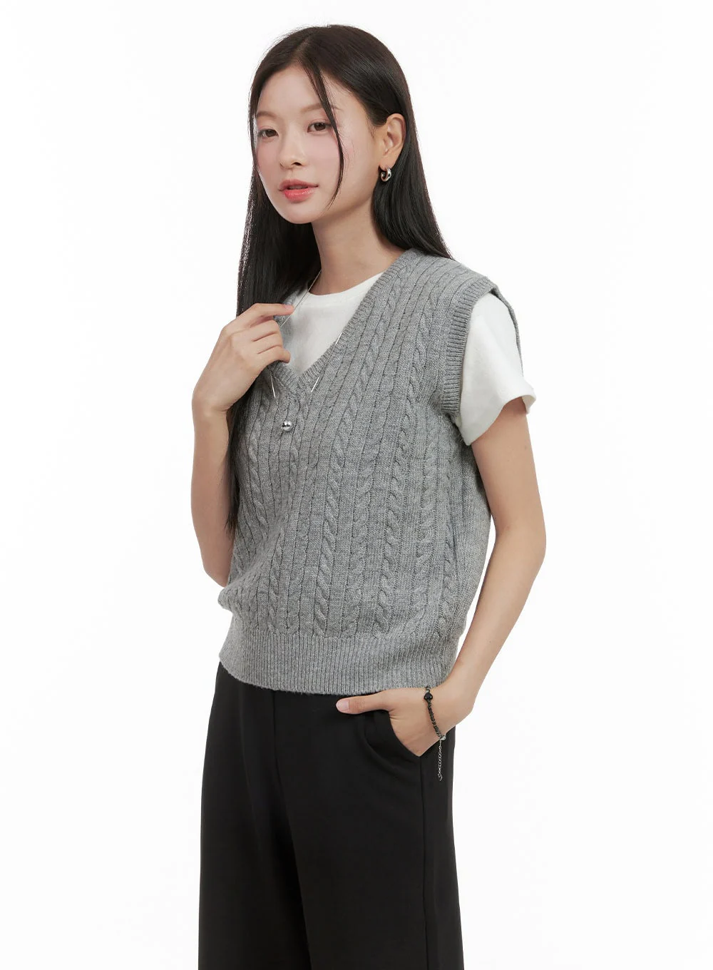 Cable Knit Sleeveless V-Neck Vest OG416 - Image 6