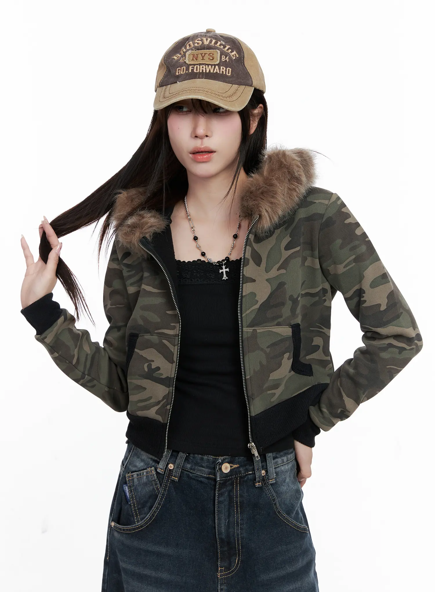 Camo Faux Fur Crop Zip-Up Hoodie CO521 - Image 8
