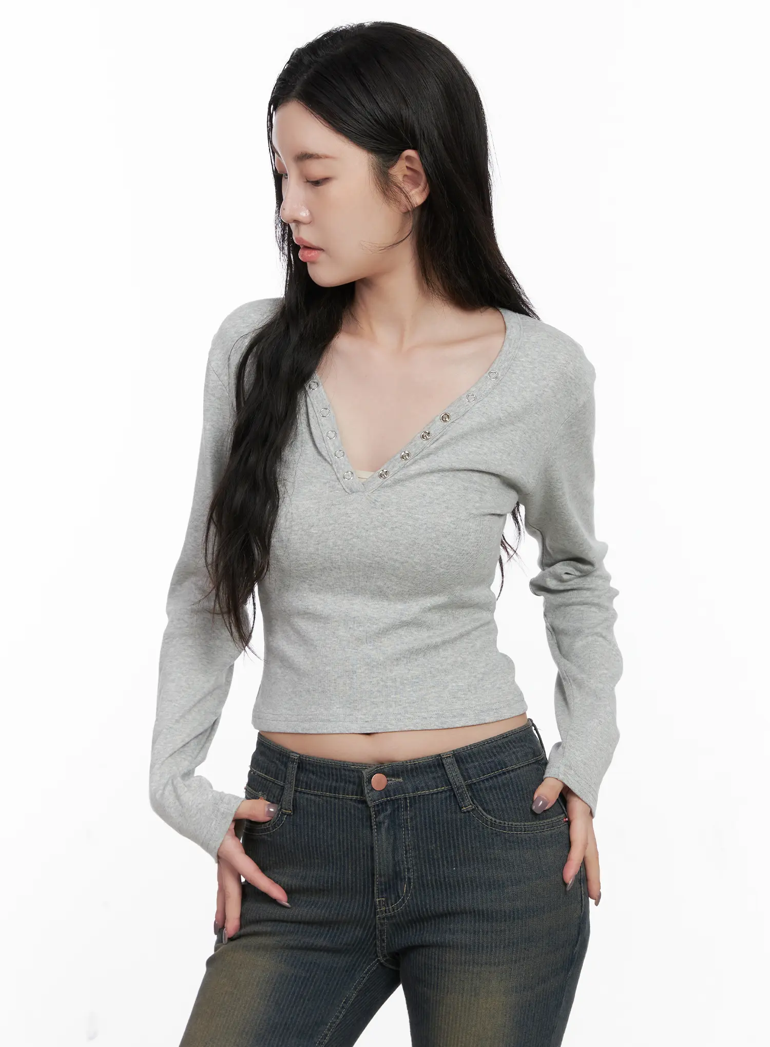 Casual V-Neck Crop Long Sleeve Shirt CN512