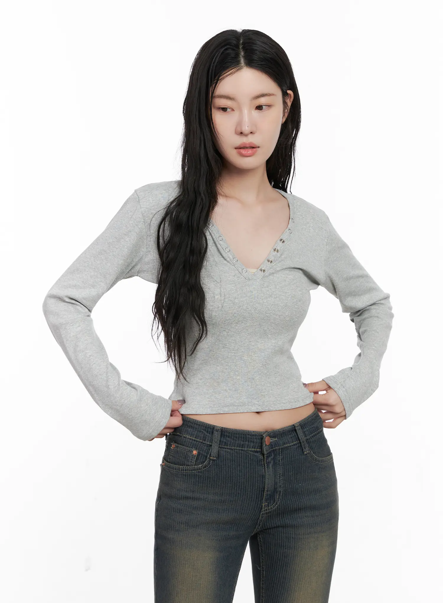 Casual V-Neck Crop Long Sleeve Shirt CN512 - Image 8