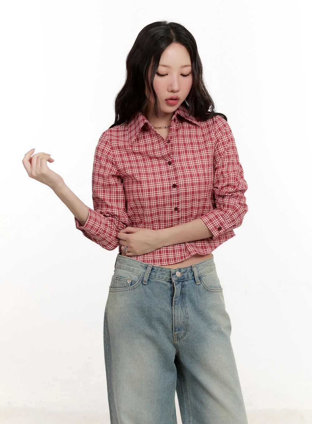 Checkered Collared Crop Shirt CM510 - Image 3