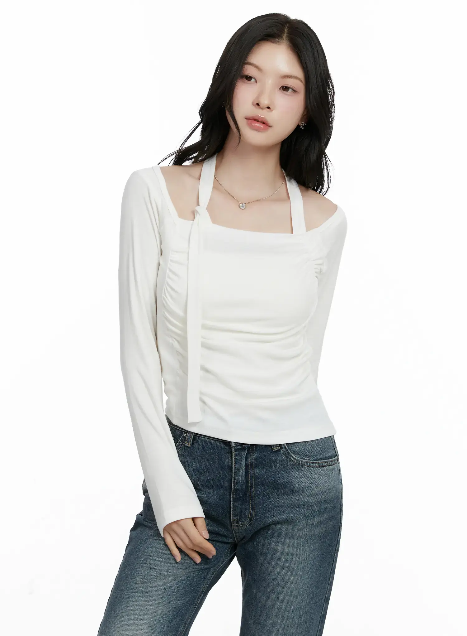 Chic Shirred Halter Long Sleeve Top F502