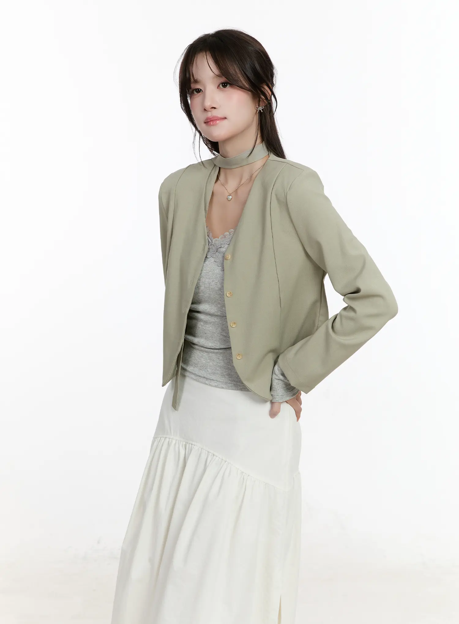 Chic U-Neck Crop Jacket with Scarf CM505 - Image 8