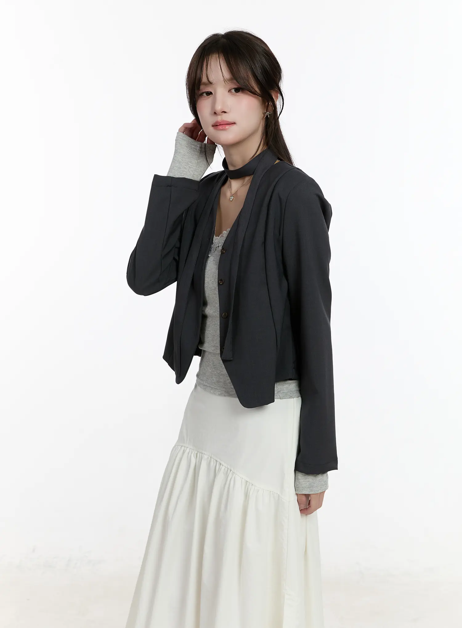 Chic U-Neck Crop Jacket with Scarf CM505 - Image 9