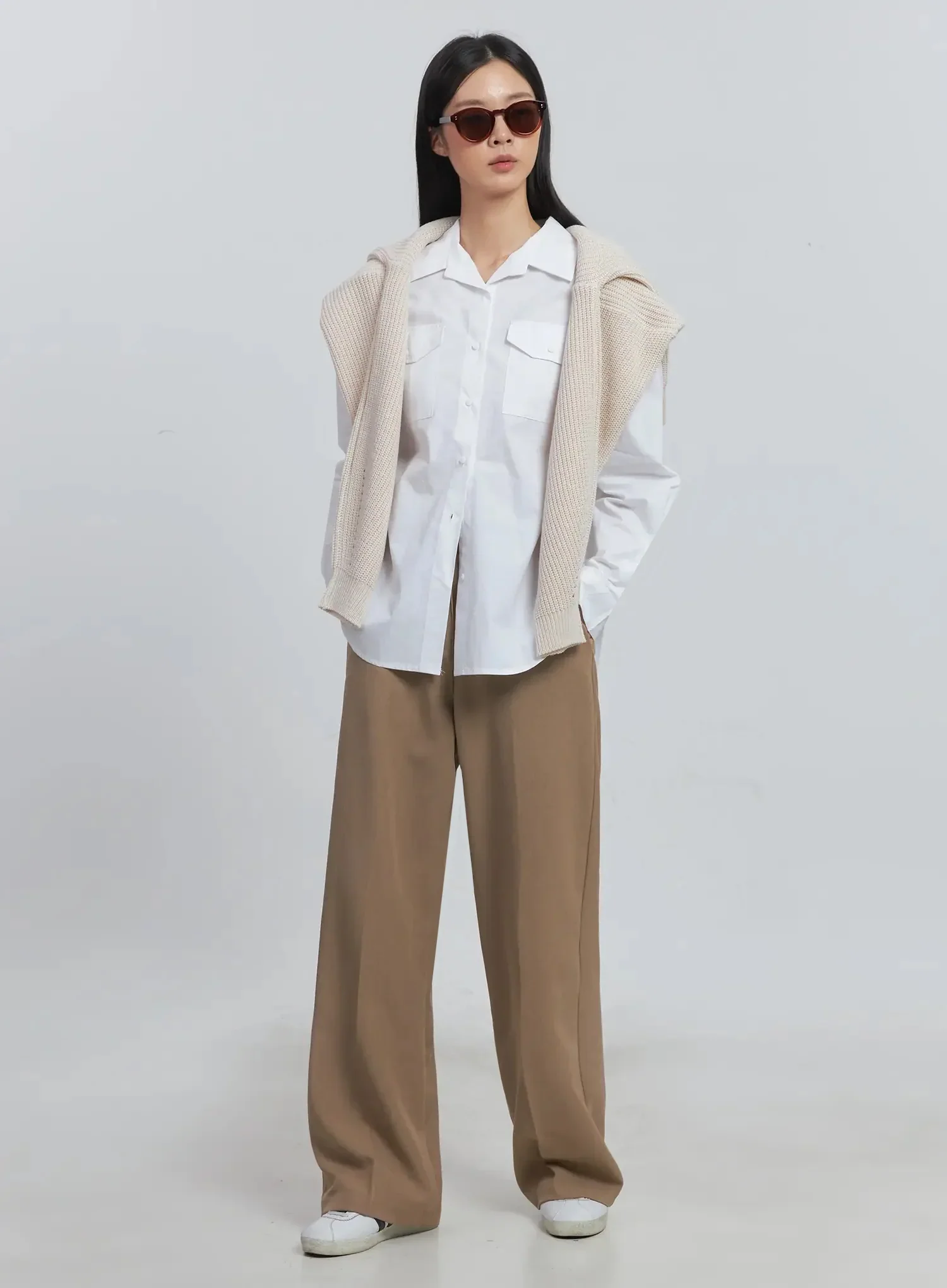 Classic Wide-Fit Slacks (Beige) IU512 - Image 2