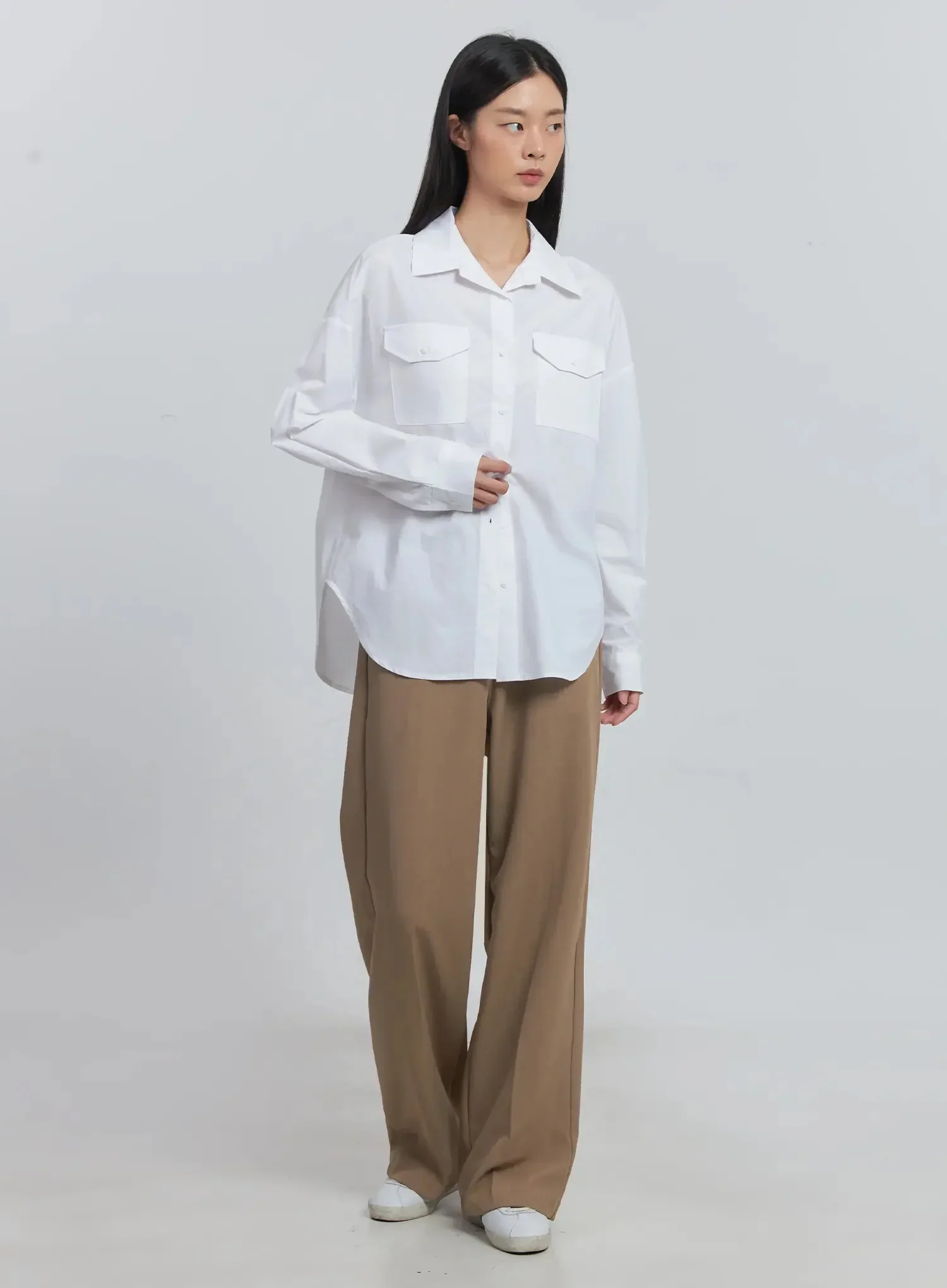 Classic Wide-Fit Slacks (Beige) IU512 - Image 4