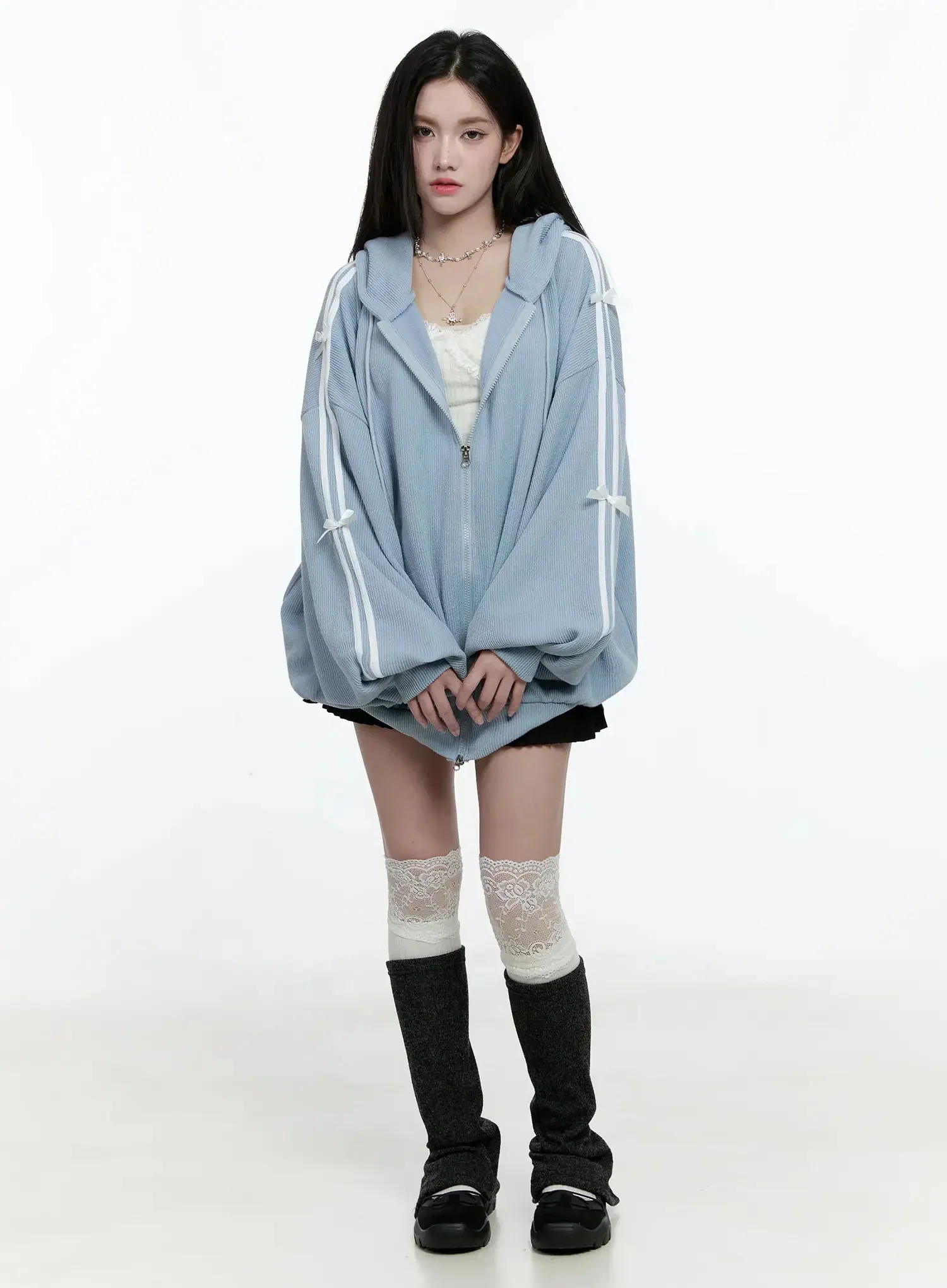 Contrast Oversized Zip-Up Hoodie IO527 - Image 3