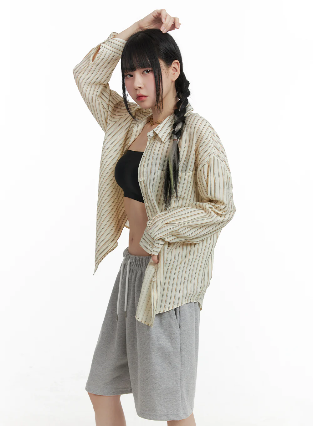 Cotton Stripe Pocketed Button-Up Shirt OM426 - Image 3