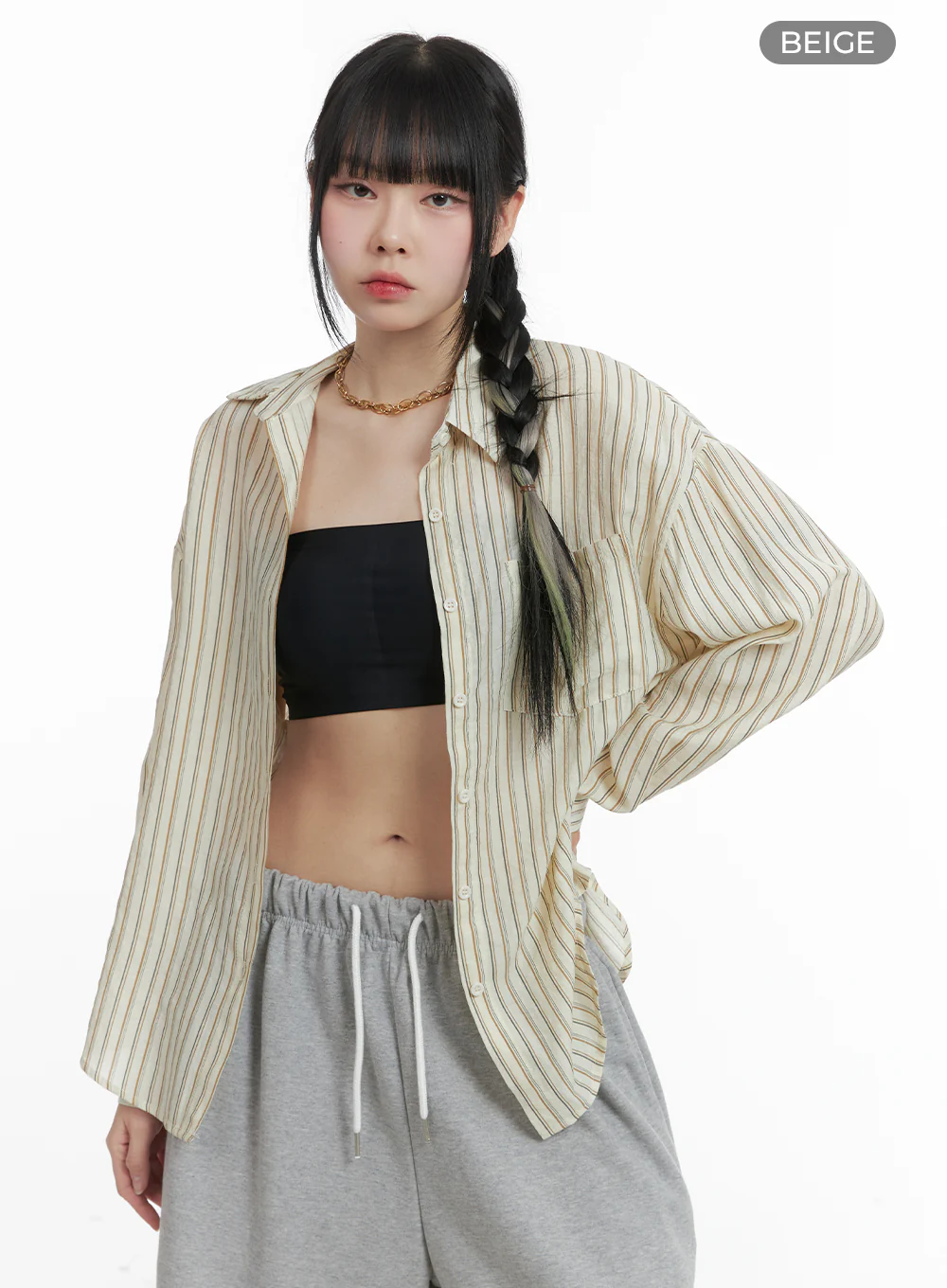 Cotton Stripe Pocketed Button-Up Shirt OM426 - Image 6