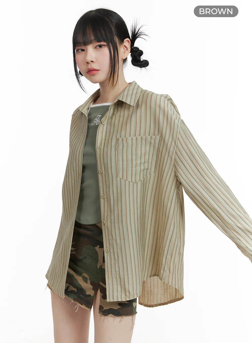Cotton Stripe Pocketed Button-Up Shirt OM426 - Image 7