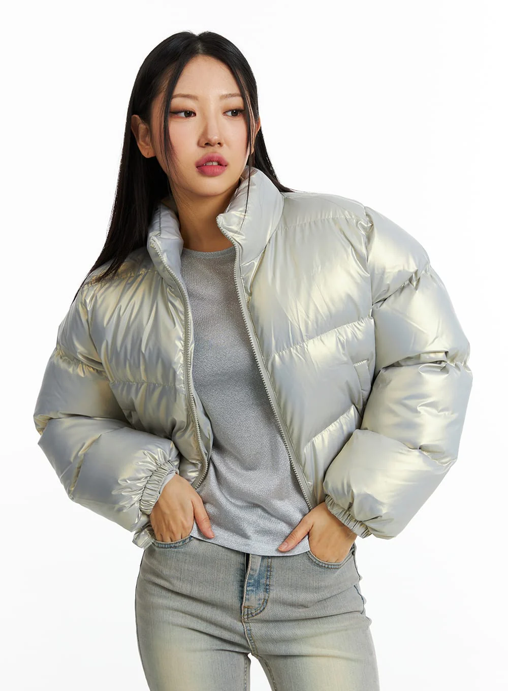 Crop Metallic Puffer Jacket IN322 - Image 2