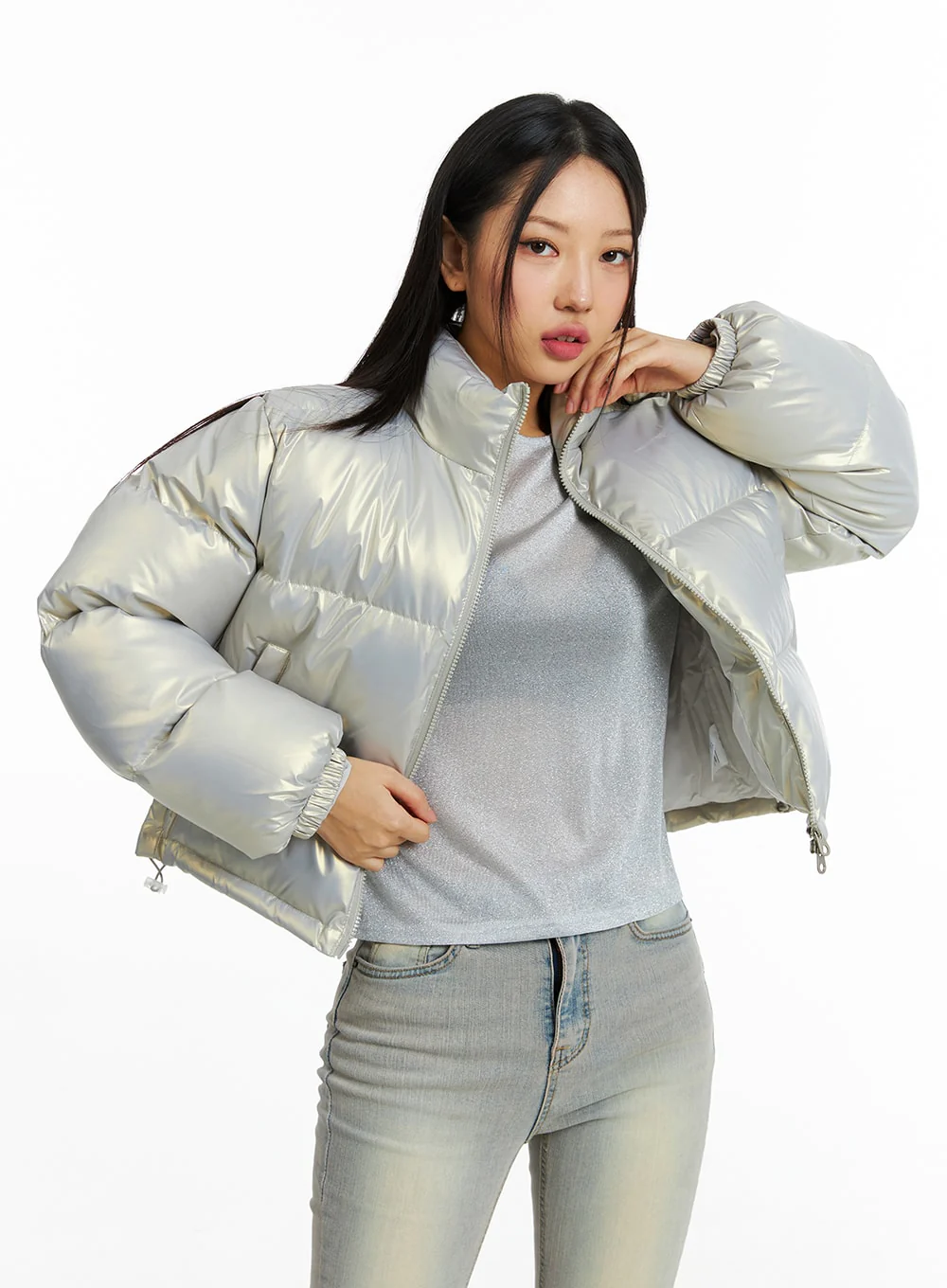 Crop Metallic Puffer Jacket IN322 - Image 3