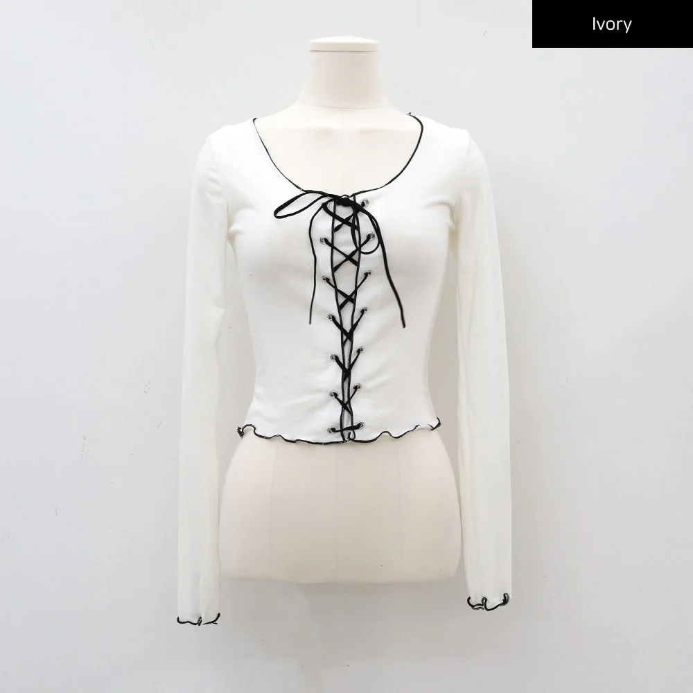 Cropped Long Sleeve Top with Front Lace Detail C1703 - Image 11