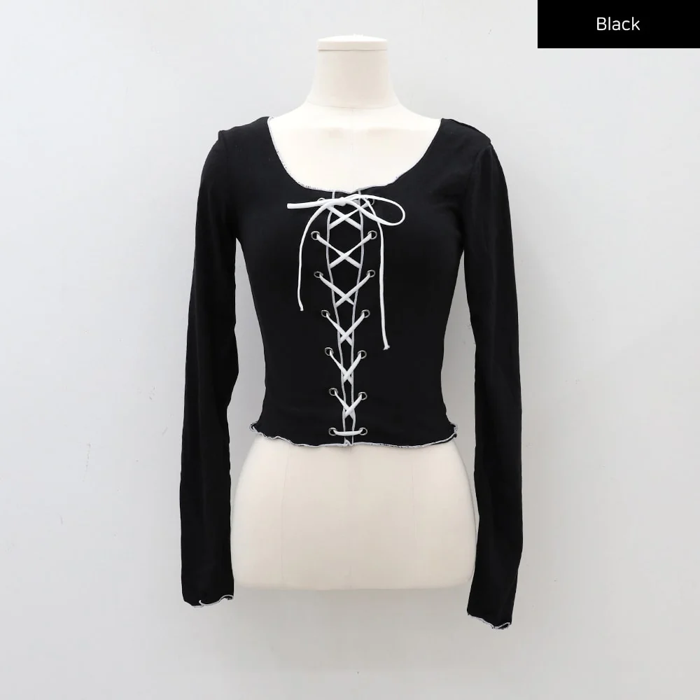 Cropped Long Sleeve Top with Front Lace Detail C1703 - Image 12