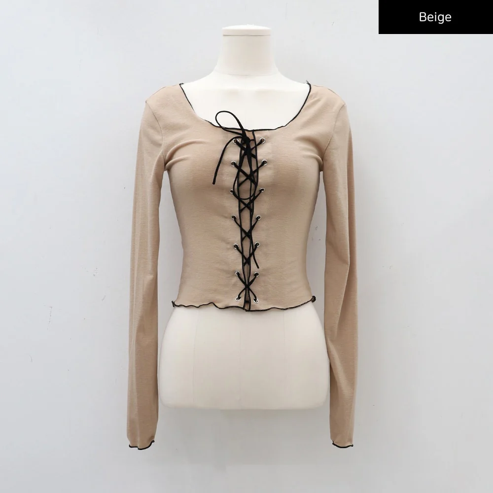 Cropped Long Sleeve Top with Front Lace Detail C1703 - Image 13