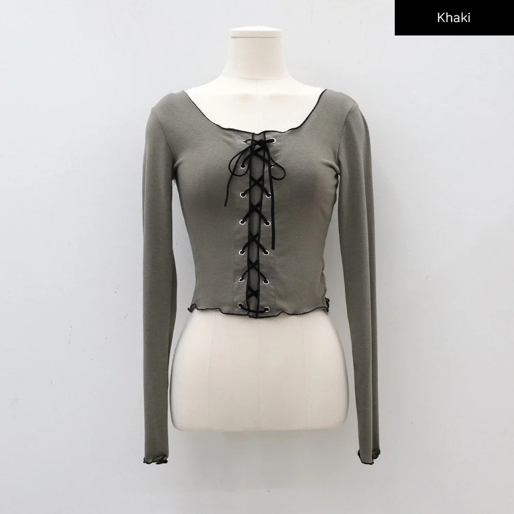 Cropped Long Sleeve Top with Front Lace Detail C1703 - Image 14
