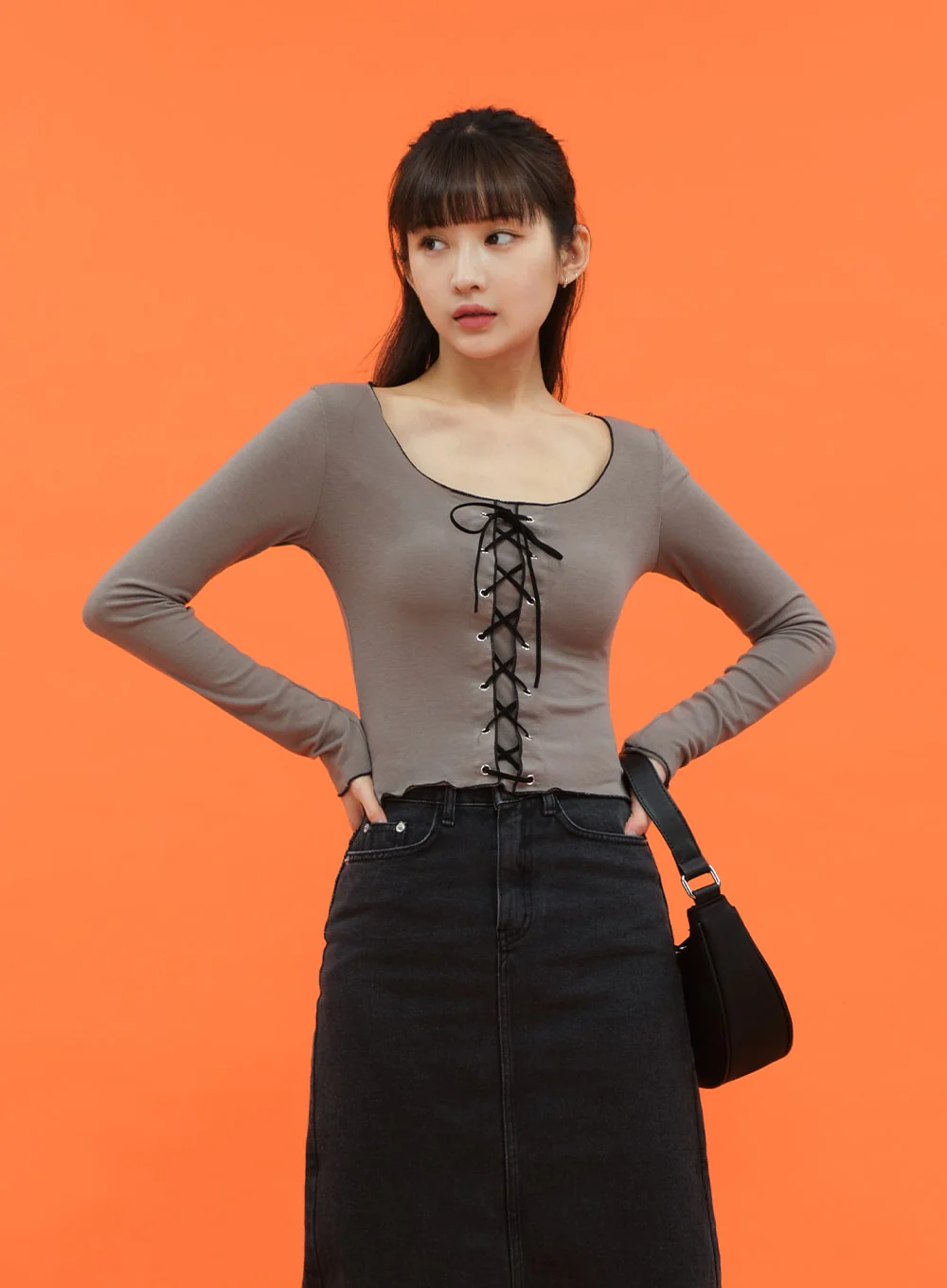 Cropped Long Sleeve Top with Front Lace Detail C1703 - Image 2