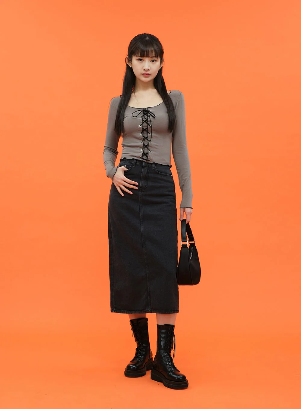 Cropped Long Sleeve Top with Front Lace Detail C1703 - Image 3