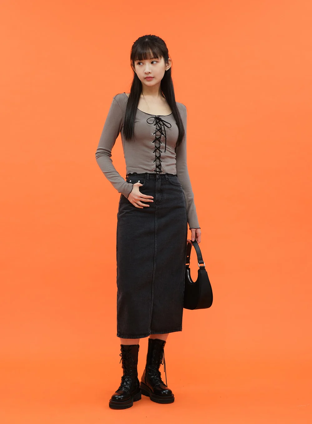 Cropped Long Sleeve Top with Front Lace Detail C1703 - Image 4