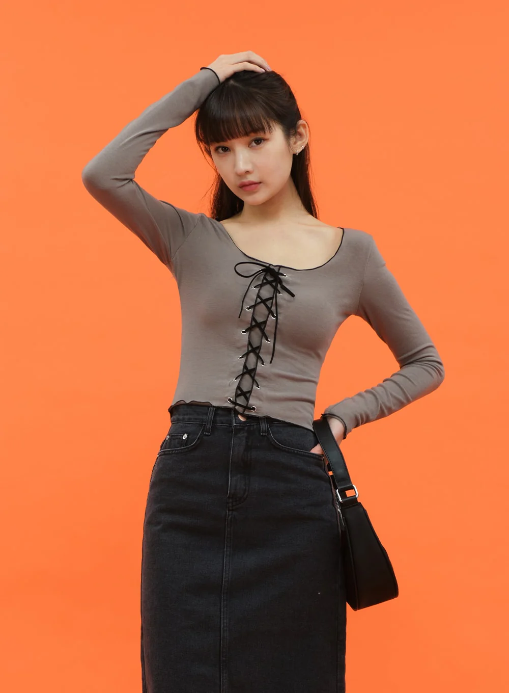 Cropped Long Sleeve Top with Front Lace Detail C1703 - Image 5