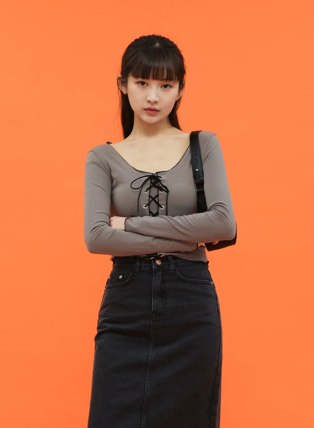 Cropped Long Sleeve Top with Front Lace Detail C1703 - Image 9
