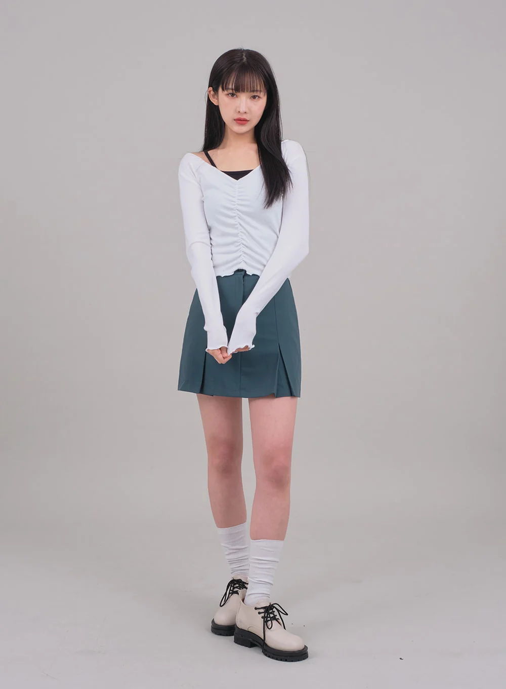Cropped Long Sleeve Top with Front Shirring C2701 - Image 15