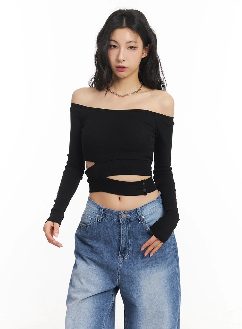 Cut-Out Off-Shoulder Long-Sleeve Crop Top CA504 - Image 11