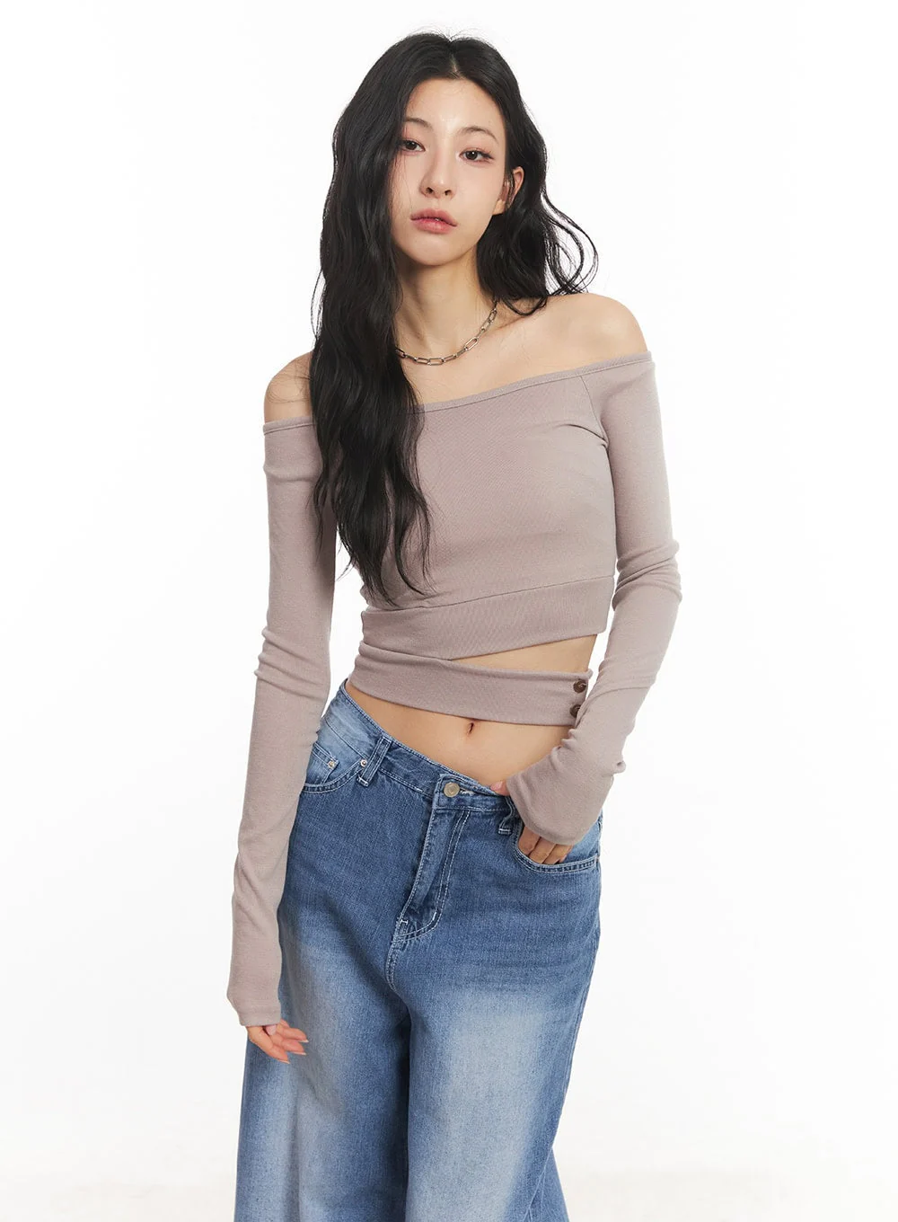 Cut-Out Off-Shoulder Long-Sleeve Crop Top CA504 - Image 12