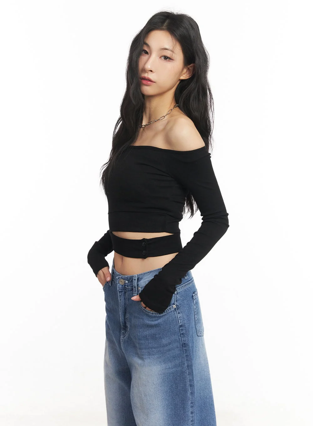 Cut-Out Off-Shoulder Long-Sleeve Crop Top CA504 - Image 2